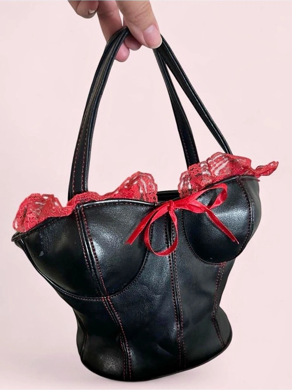 Y2K VTG Faux Leather Corset Mini Tote Bag Red Lace Up Trim Bust Coquette Edgy